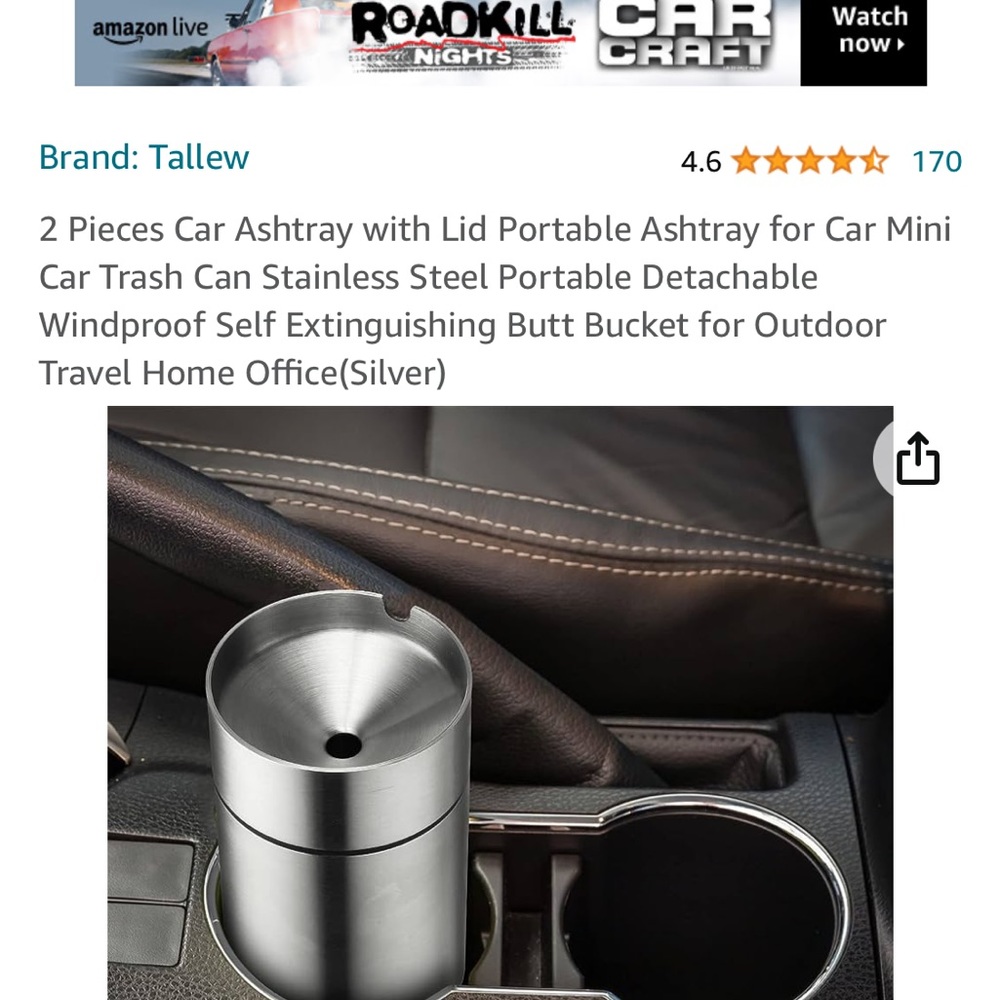 Car Ashtray with Lid 2 Pieces Stainless Steel Ashtrays, New in box.